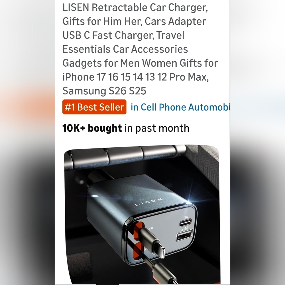 Black Retractable Car Charger with USB-C and Dual Ports